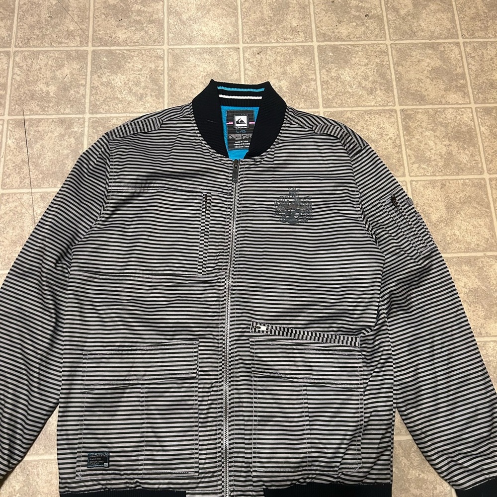 Quiksilver Black and Gray Striped Bomber Jacket